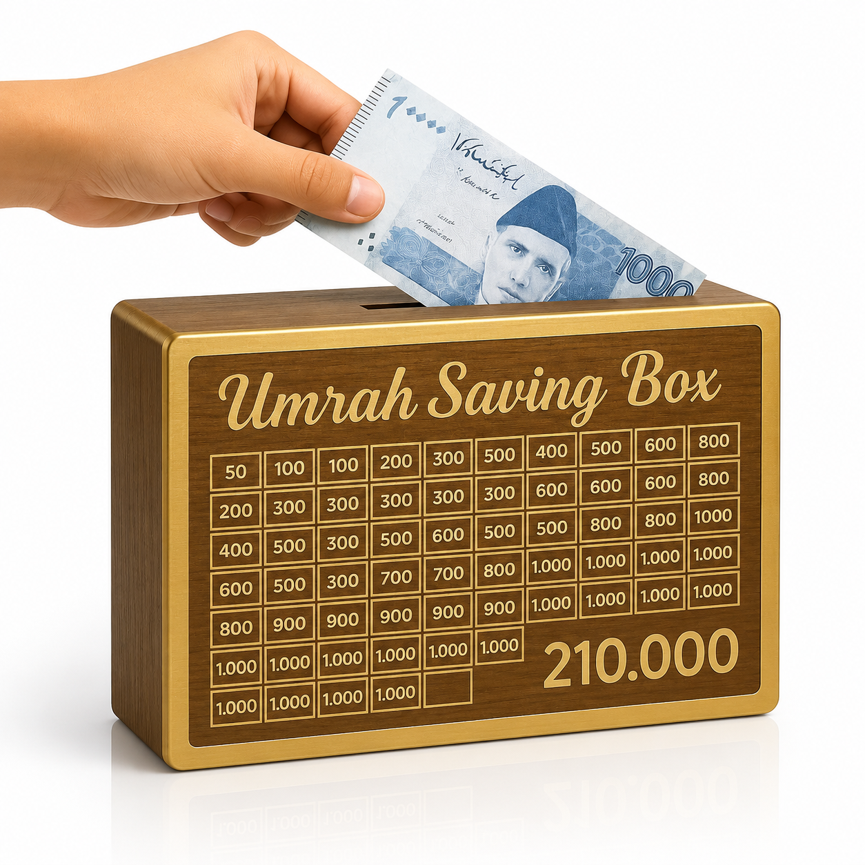 Premium Wooden Umrah Saving Box – 210,000 PKR Goal