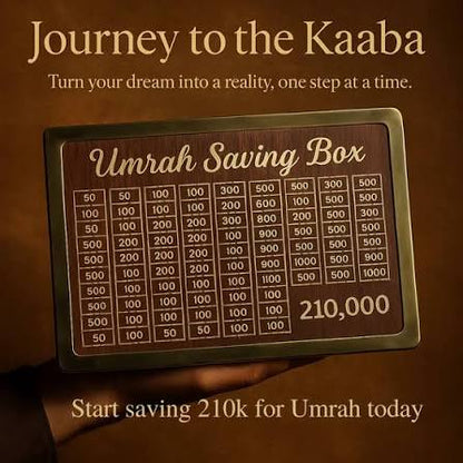 Premium Wooden Umrah Saving Box – 210,000 PKR Goal