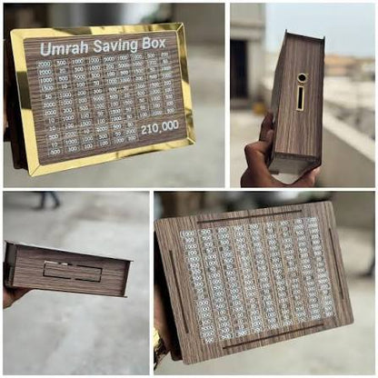 Premium Wooden Umrah Saving Box – 210,000 PKR Goal